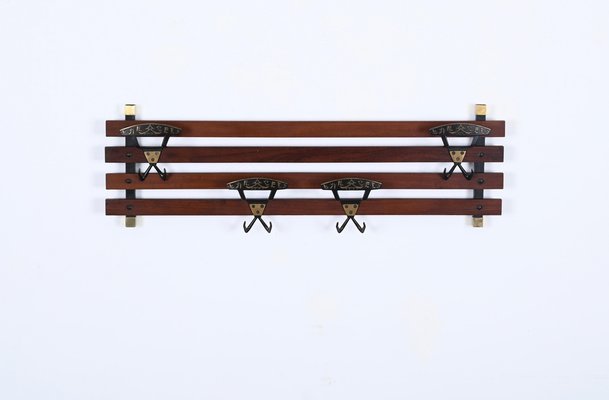 Italian Coat Rack in Teak, Brass and Black Enameled Iron, Italy, 1960s-JDR-1750900