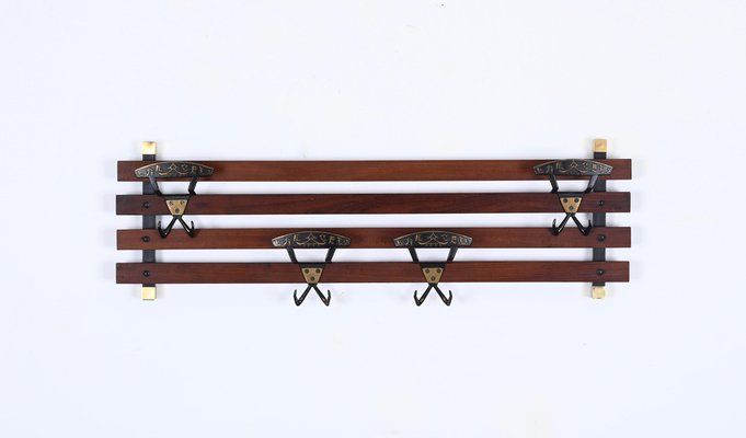 Italian Coat Rack in Teak, Brass and Black Enameled Iron, Italy, 1960s-JDR-1750900