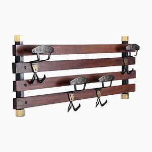 Italian Coat Rack in Teak, Brass and Black Enameled Iron, Italy, 1960s-JDR-1750900