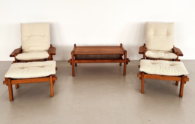 Italian Country Living Room Set in Oak with Bouclé Upholstery, 1970s, Set of 5-VNE-2041331