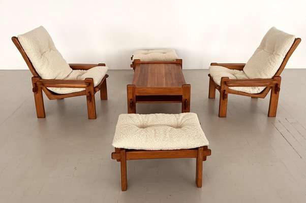 Italian Country Living Room Set in Oak with Bouclé Upholstery, 1970s, Set of 5-VNE-2041331