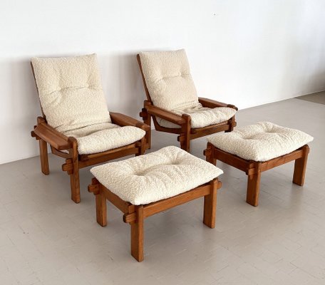 Italian Country Living Room Set in Oak with Bouclé Upholstery, 1970s, Set of 5-VNE-2041331