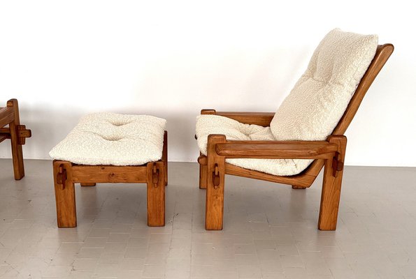 Italian Country Living Room Set in Oak with Bouclé Upholstery, 1970s, Set of 5-VNE-2041331