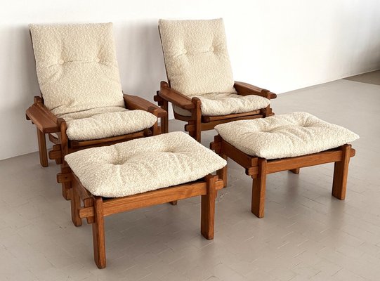 Italian Country Living Room Set in Oak with Bouclé Upholstery, 1970s, Set of 5-VNE-2041331