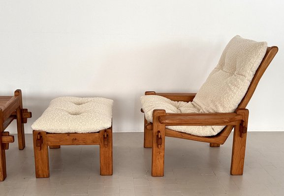 Italian Country Living Room Set in Oak with Bouclé Upholstery, 1970s, Set of 5-VNE-2041331