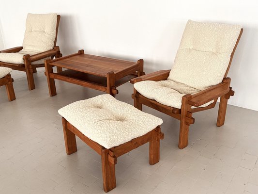 Italian Country Living Room Set in Oak with Bouclé Upholstery, 1970s, Set of 5-VNE-2041331