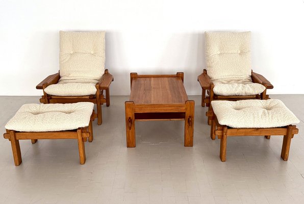 Italian Country Living Room Set in Oak with Bouclé Upholstery, 1970s, Set of 5-VNE-2041331