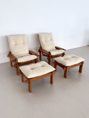 Italian Country Living Room Set in Oak with Bouclé Upholstery, 1970s, Set of 5-VNE-2041331