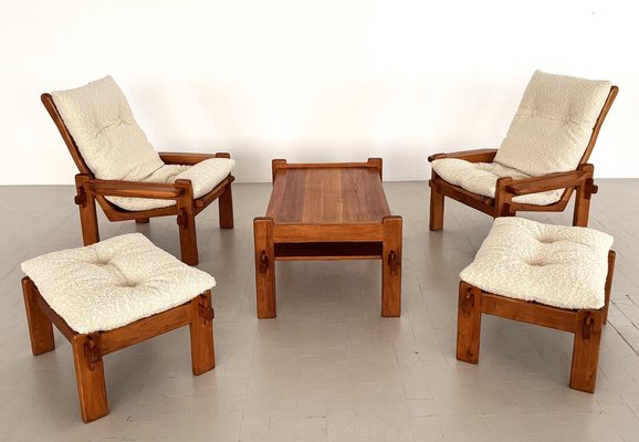 Italian Country Living Room Set in Oak with Bouclé Upholstery, 1970s, Set of 5-VNE-2041331