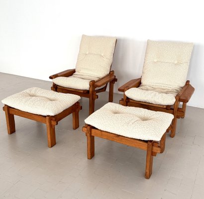 Italian Country Living Room Set in Oak with Bouclé Upholstery, 1970s, Set of 5-VNE-2041331