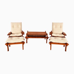 Italian Country Living Room Set in Oak with Bouclé Upholstery, 1970s, Set of 5-VNE-2041331