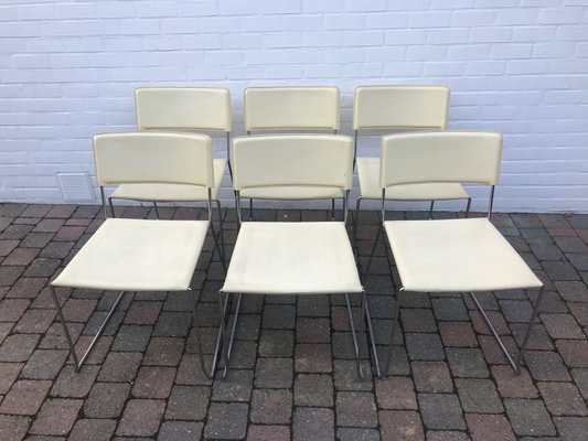 Italian Cream Crust Leather Stackable Dining Chairs, 1970s, Set of 6-XQY-800909