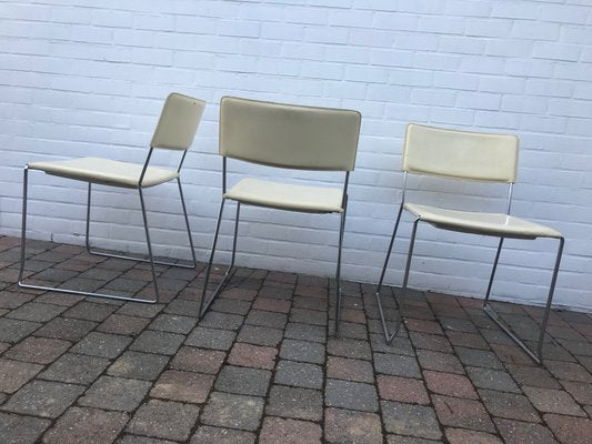 Italian Cream Crust Leather Stackable Dining Chairs, 1970s, Set of 6-XQY-800909