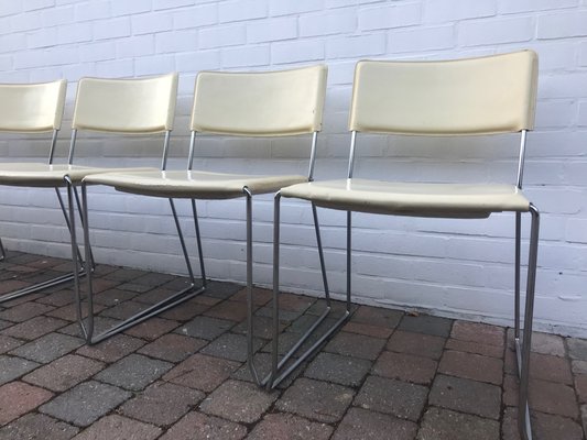 Italian Cream Crust Leather Stackable Dining Chairs, 1970s, Set of 6-XQY-800909