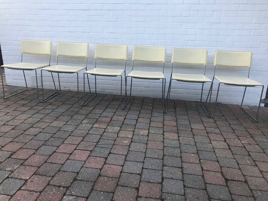 Italian Cream Crust Leather Stackable Dining Chairs, 1970s, Set of 6-XQY-800909