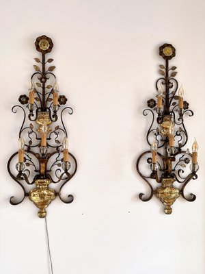 Italian Crystal and Gilt Wrought Iron Wall Sconces by Banci Florence, 1960s, Set of 2-VNE-1219487