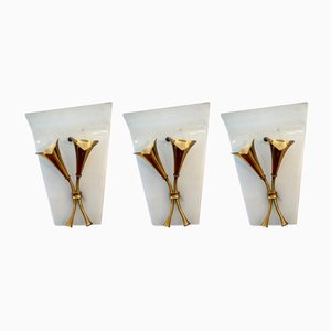 Italian Curved Glass and Brass Sconces, 1950s, Set of 3-OT-784684