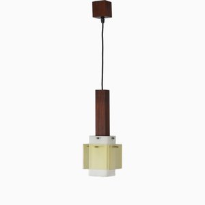 Italian Dark Teak Pendant Lamp with Milk and Yellow Acrylic Glass Shades, 1960s-KJ-2031441