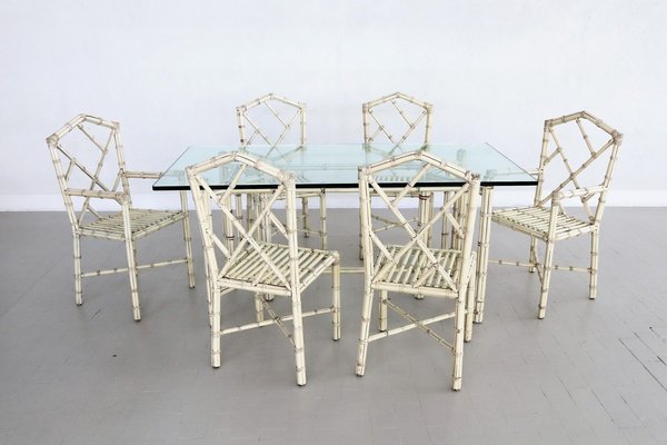 Italian Dining Chairs & Table in Varnished Bamboo, 1970s, Set of 7-VNE-965938