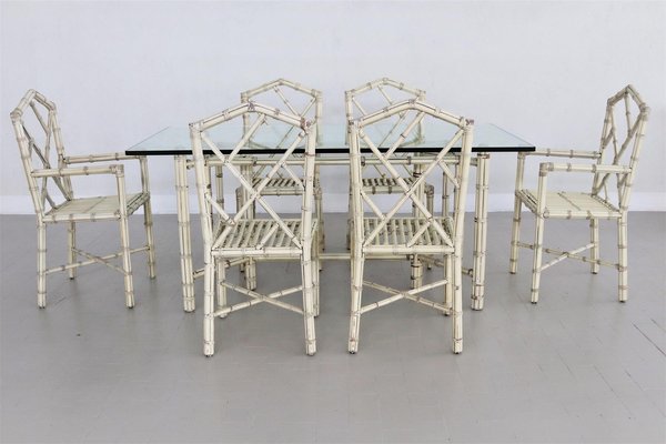 Italian Dining Chairs & Table in Varnished Bamboo, 1970s, Set of 7-VNE-965938