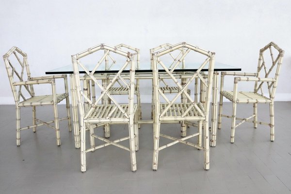 Italian Dining Chairs & Table in Varnished Bamboo, 1970s, Set of 7-VNE-965938