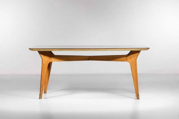 Italian Dining Table in Solid Beech with Engraved Glass in the style of Gio Ponti, 1960s-YU-1312244