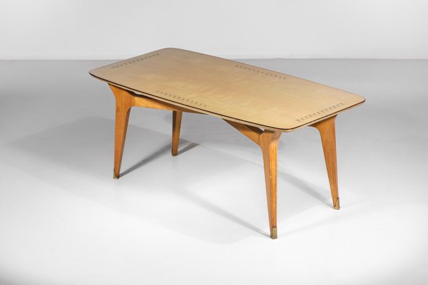 Italian Dining Table in Solid Beech with Engraved Glass in the style of Gio Ponti, 1960s-YU-1312244