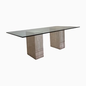 Italian Dining Table in Travertine with Glass Top, 1970s-GNW-1325546