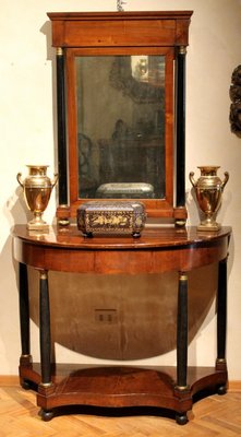 Italian Empire Period Walnut and Ebonized Demilune Console Tables with Mirrors, Set of 2-AXE-1433456