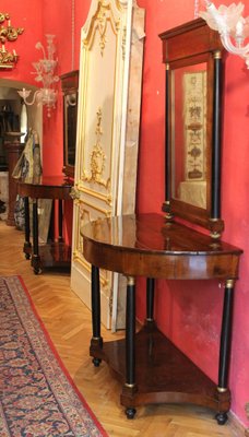 Italian Empire Period Walnut and Ebonized Demilune Console Tables with Mirrors, Set of 2-AXE-1433456