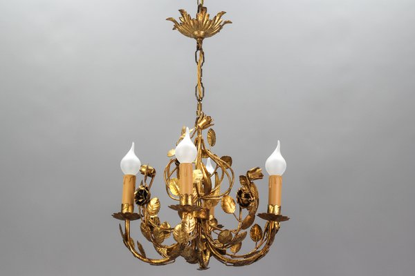 Italian Florentine Golden Wrought Iron 4-Light Floral Chandelier-KEG-1134803