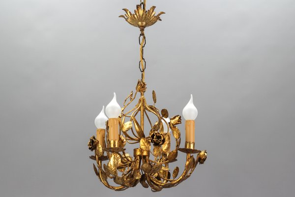 Italian Florentine Golden Wrought Iron 4-Light Floral Chandelier-KEG-1134803