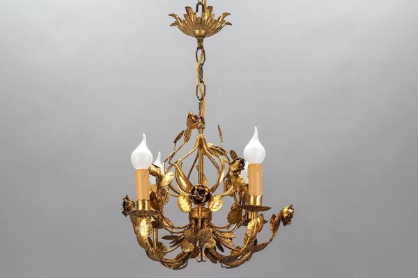 Italian Florentine Golden Wrought Iron 4-Light Floral Chandelier-KEG-1134803