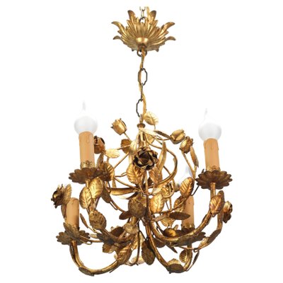 Italian Florentine Golden Wrought Iron 4-Light Floral Chandelier-KEG-1134803