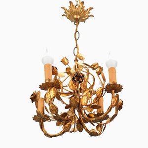 Italian Florentine Golden Wrought Iron 4-Light Floral Chandelier-KEG-1134803