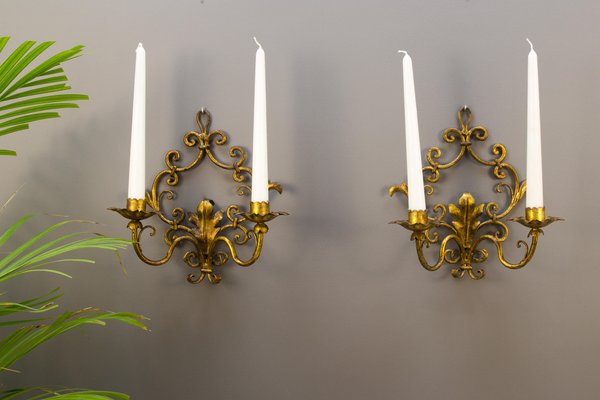 Italian Florentine Style Golden Color Candle Wall Sconces, Set of 2-KEG-1086621