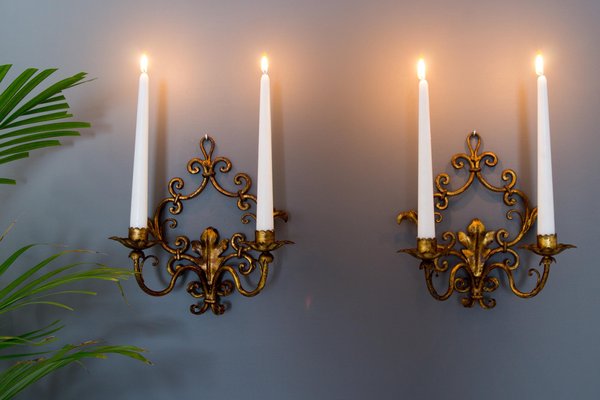 Italian Florentine Style Golden Color Candle Wall Sconces, Set of 2-KEG-1086621