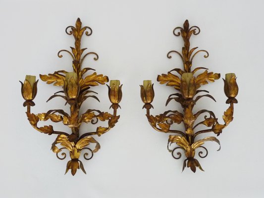 Italian Flower Foliage Wall Lights with 3 Arms Gilded with Gold Leaf, 1950s, Set of 2-MZP-2034886