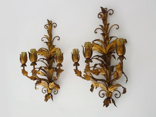 Italian Flower Foliage Wall Lights with 3 Arms Gilded with Gold Leaf, 1950s, Set of 2-MZP-2034886