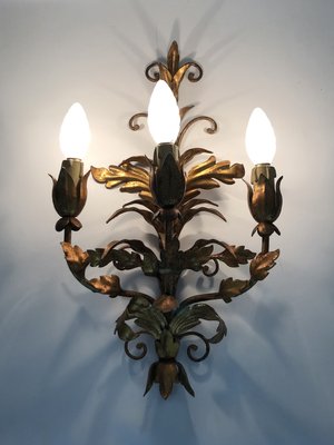 Italian Flower Foliage Wall Lights with 3 Arms Gilded with Gold Leaf, 1950s, Set of 2-MZP-2034886