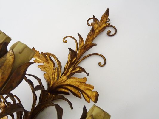 Italian Flower Foliage Wall Lights with 3 Arms Gilded with Gold Leaf, 1950s, Set of 2-MZP-2034886