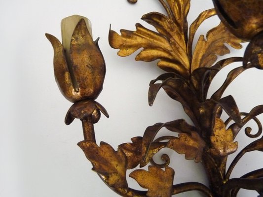 Italian Flower Foliage Wall Lights with 3 Arms Gilded with Gold Leaf, 1950s, Set of 2-MZP-2034886