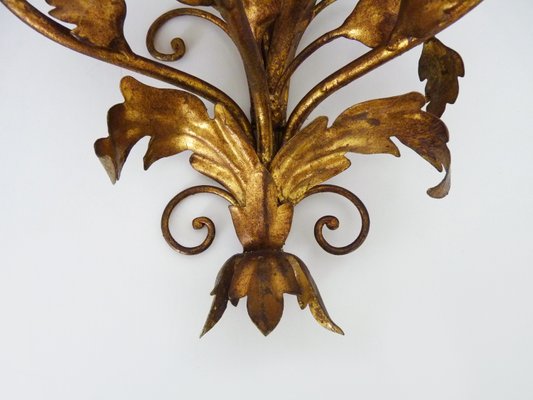 Italian Flower Foliage Wall Lights with 3 Arms Gilded with Gold Leaf, 1950s, Set of 2-MZP-2034886