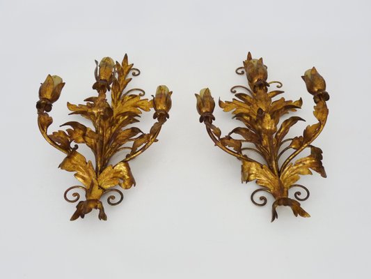 Italian Flower Foliage Wall Lights with 3 Arms Gilded with Gold Leaf, 1950s, Set of 2-MZP-2034886