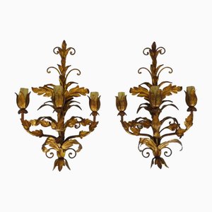 Italian Flower Foliage Wall Lights with 3 Arms Gilded with Gold Leaf, 1950s, Set of 2-MZP-2034886