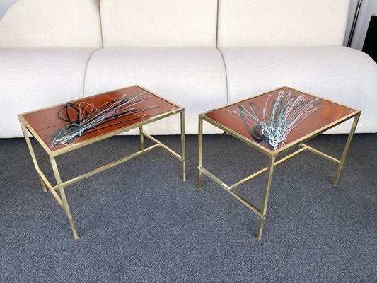 Italian Fontana Style Brass and Ceramic Side Tables, 1970s, Set of 2-FUE-924382