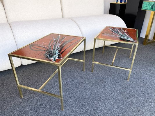 Italian Fontana Style Brass and Ceramic Side Tables, 1970s, Set of 2-FUE-924382