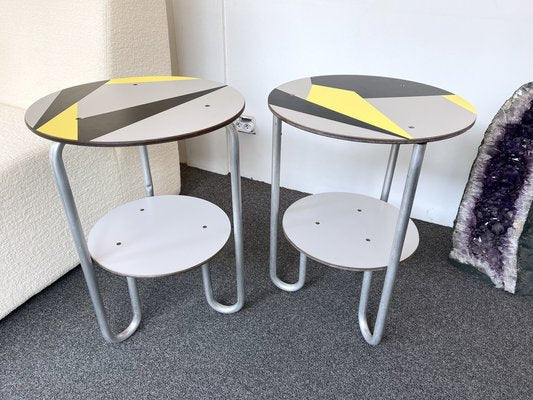 Italian Geometry Formica Marquetry and Metal Side Tables, 1980s, Set of 2-FUE-1313200