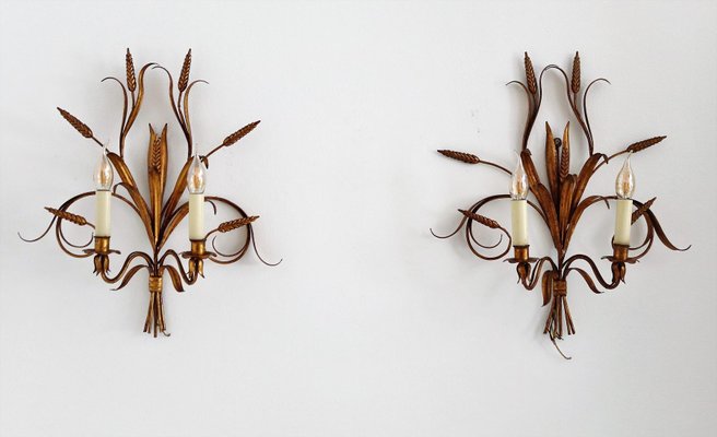 Italian Gilt Tole Wall Sconces with Wheat Sheaf, 1950s, Set of 5-VNE-966139