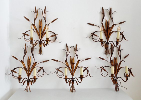 Italian Gilt Tole Wall Sconces with Wheat Sheaf, 1950s, Set of 5-VNE-966139